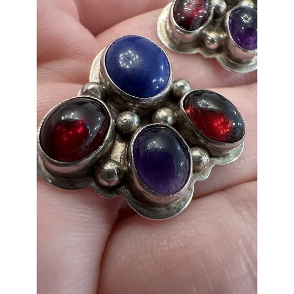 NAKAI NAVAJO 925 Sterling Silver Vintage Multi-Stone Earrings Amethyst Lapis - Picture 4 of 10